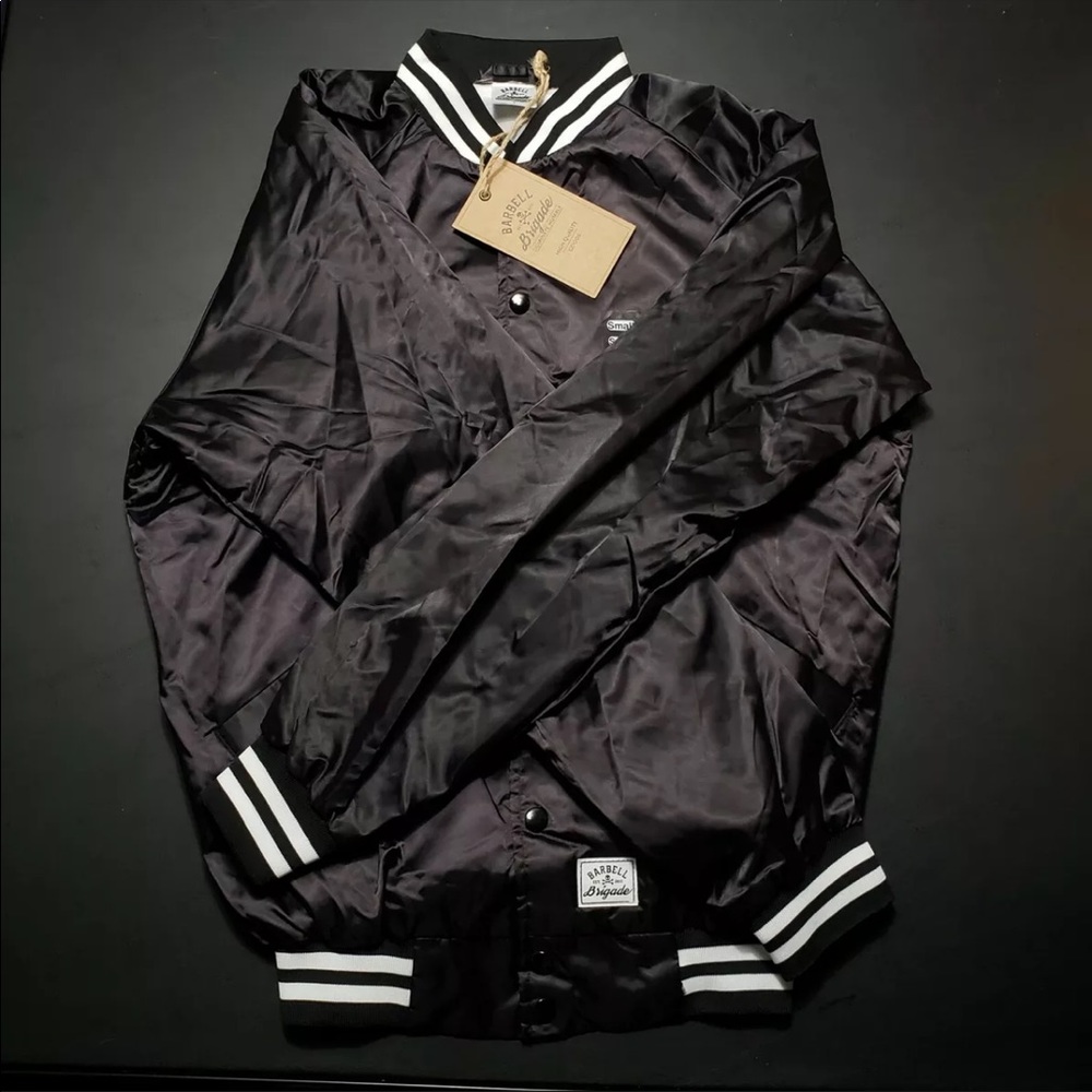 Barbell Brigade Satin Finish Bomber Jacket Womens Small Black White Logo Banded